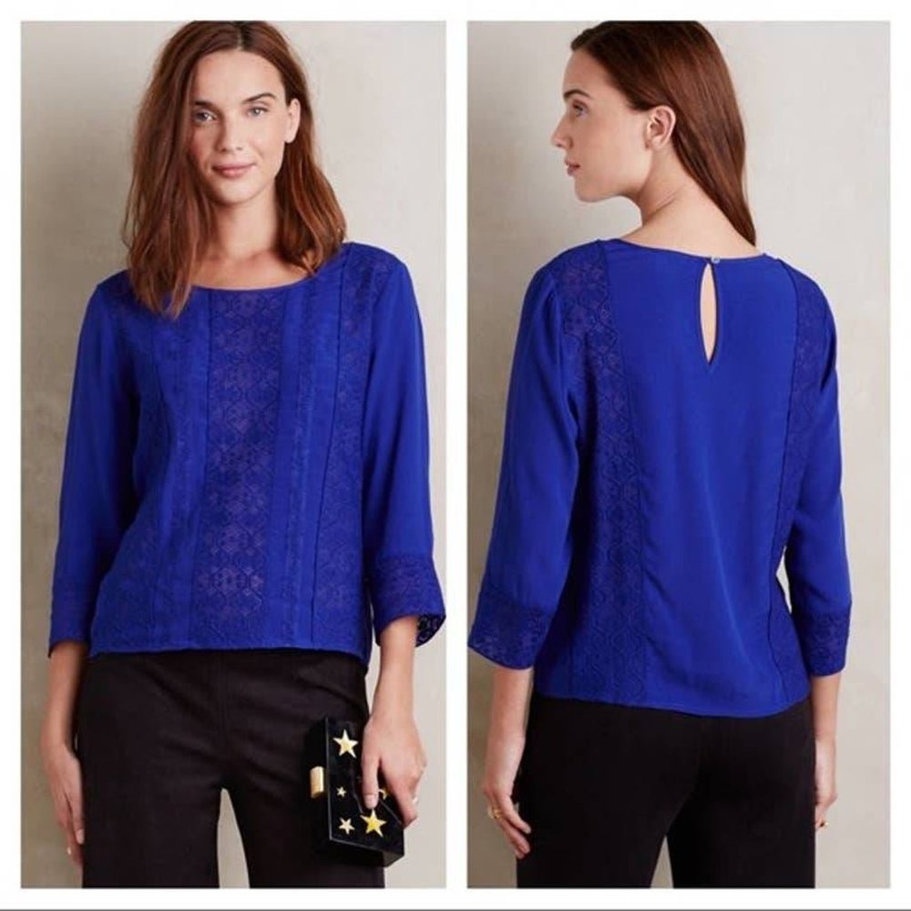 Anthropologie Meadow Rue Royal Blue Blouse with Lace Details
